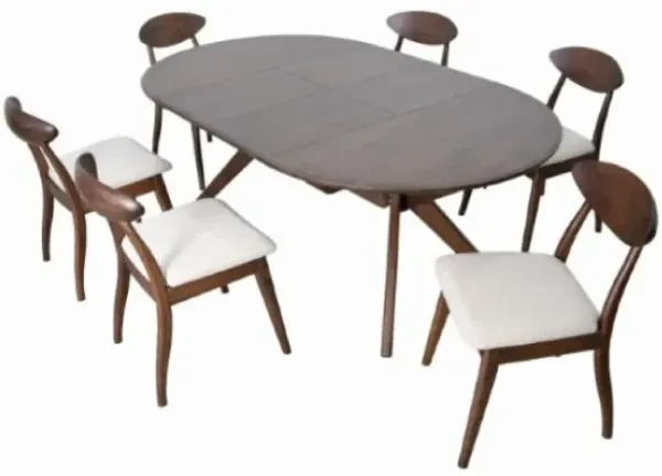 Mikie 7pc Extendable Dining Table Set, 6 Ivory Fabric Chairs, Brown - Benzara