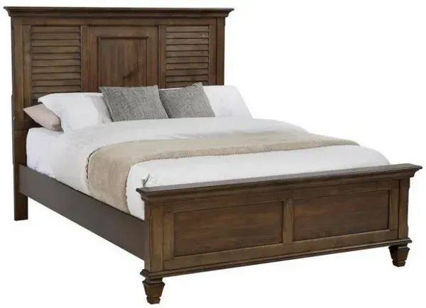 Eli King Panel Bed, Shutter Headboard, Molded Trim, Burnished Oak Brown - Benzara