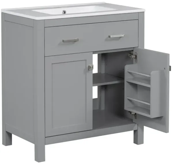 Whisen 30" Bathroom Storage Cabinet Bathroom Vanity with Ceramic Sink, 2 Soft Close Doors, Adjustable Shelf and Flip Drawer