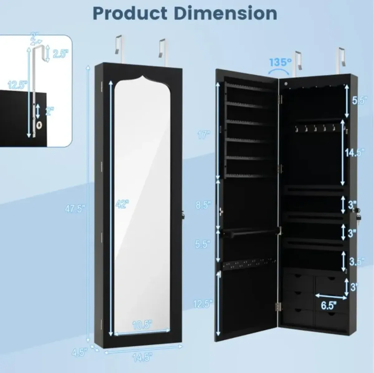 Hivvago Lockable Wall Mounted Mirror Jewelry Armoire with 5 LEDs and 6 Drawers