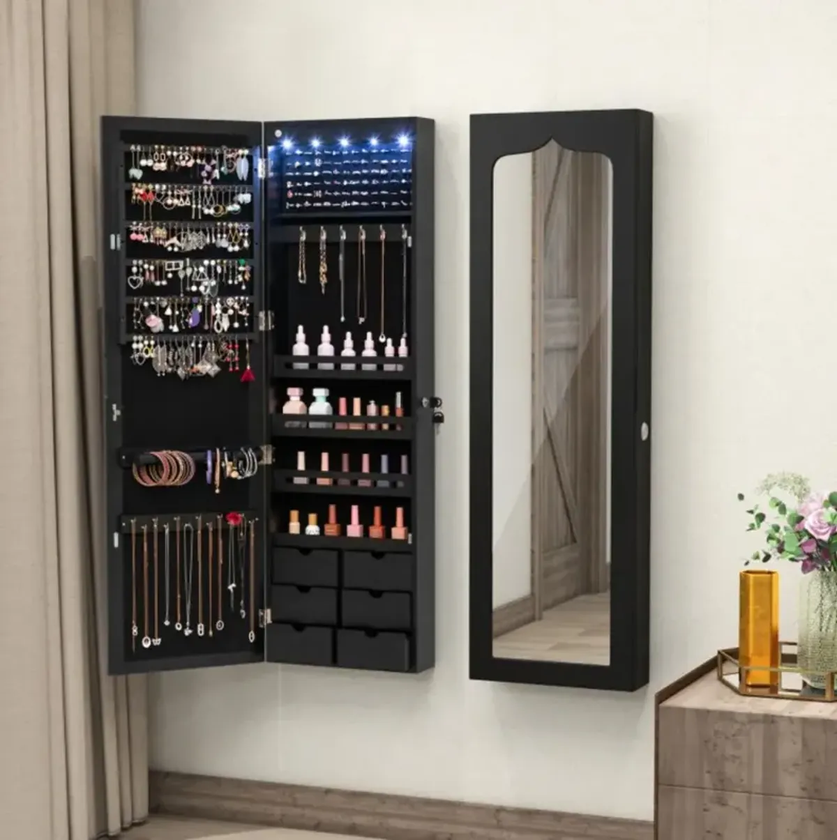 Hivvago Lockable Wall Mounted Mirror Jewelry Armoire with 5 LEDs and 6 Drawers