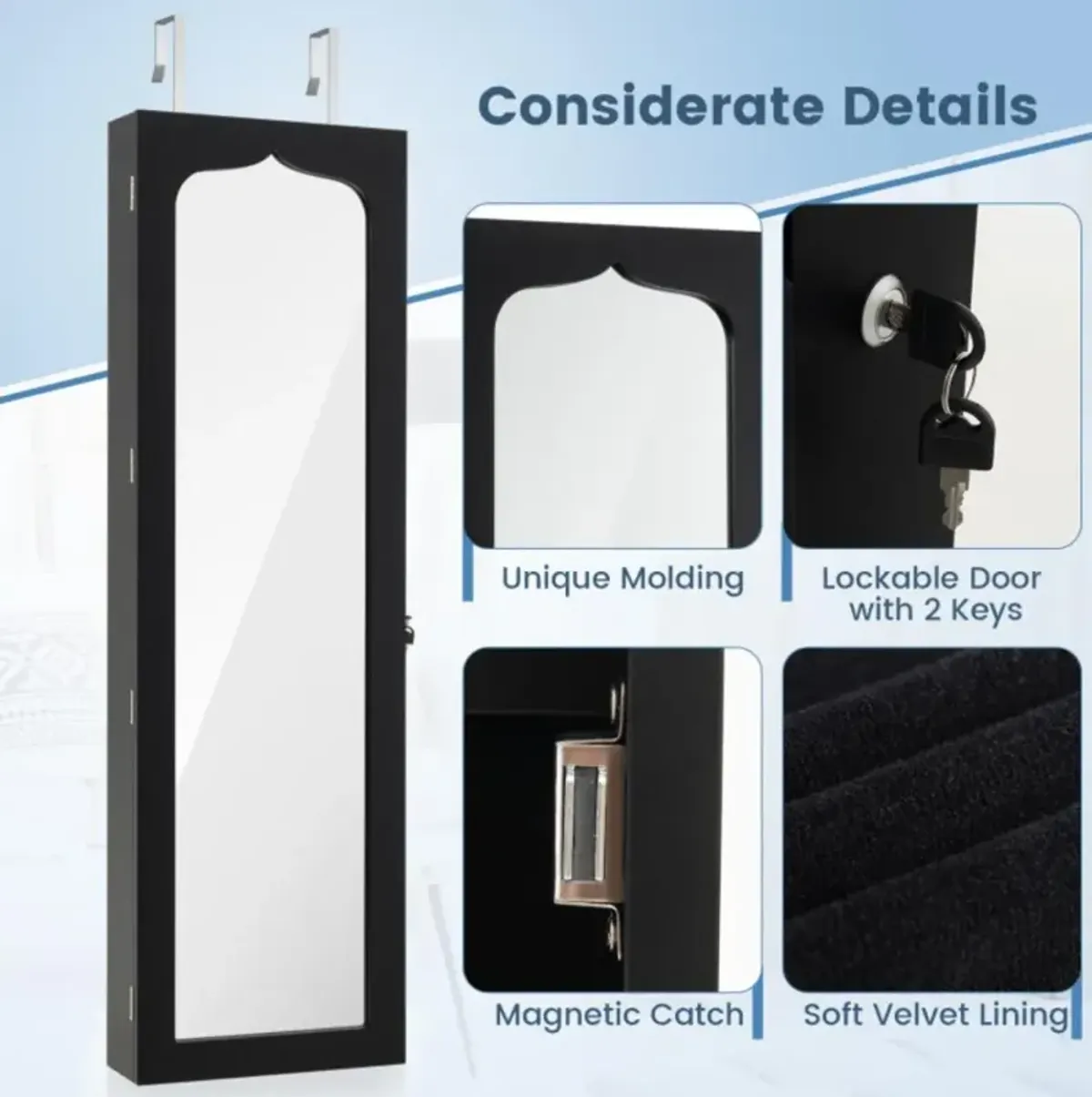 Hivvago Lockable Wall Mounted Mirror Jewelry Armoire with 5 LEDs and 6 Drawers