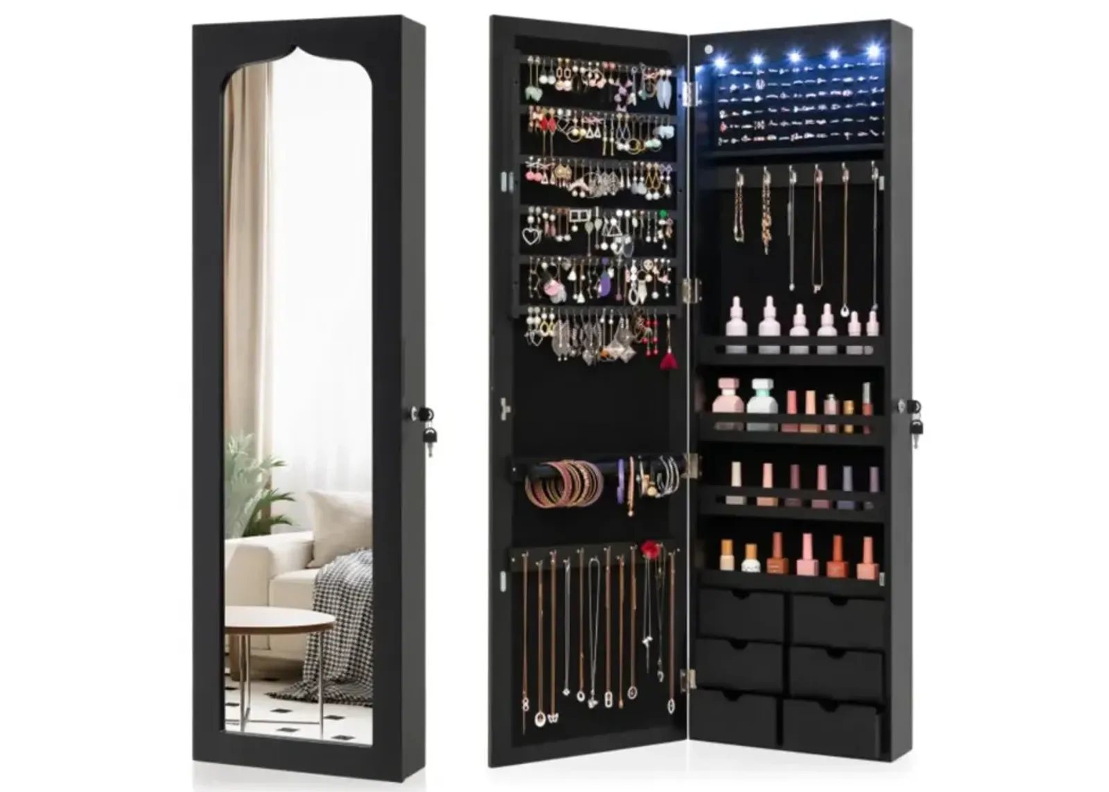 Hivvago Lockable Wall Mounted Mirror Jewelry Armoire with 5 LEDs and 6 Drawers