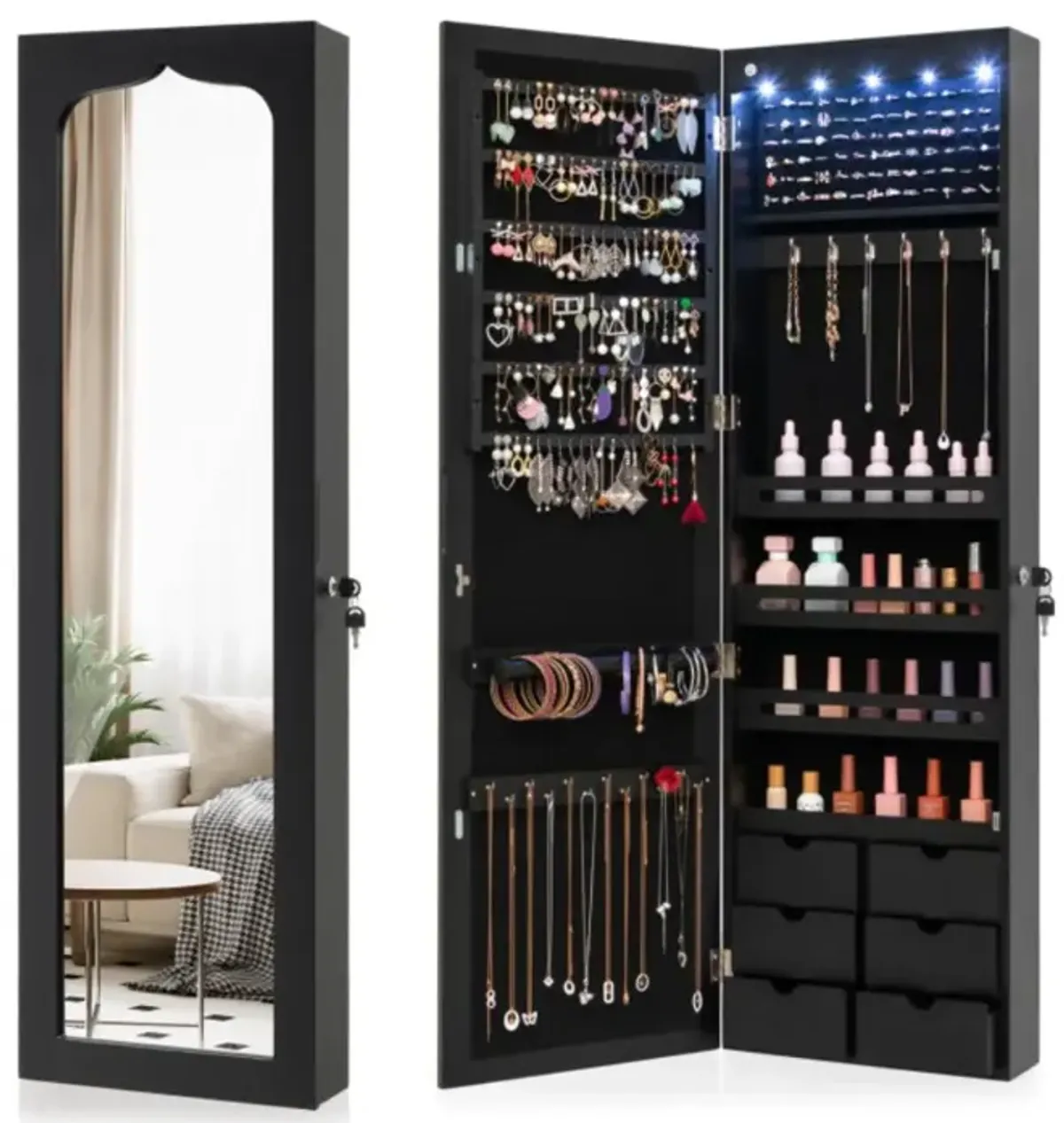 Hivvago Lockable Wall Mounted Mirror Jewelry Armoire with 5 LEDs and 6 Drawers