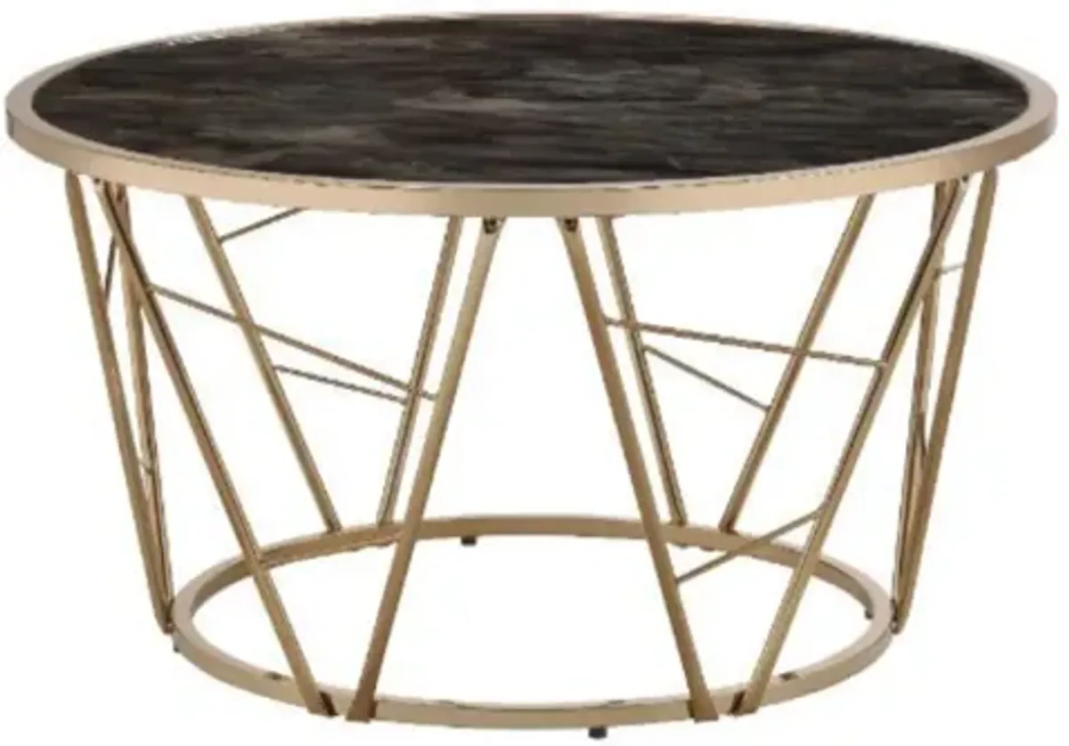 Yardlio Coffee Table, Faux Black Marble Glass & Champagne Finish - Round Shape, Metal Cone Base, 20mm Tempered Glass Top