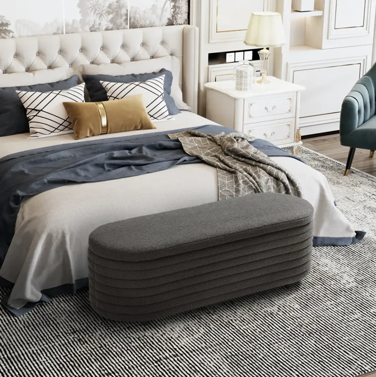 WestinTrends 54" Wide Mid-Century Modern Upholstered Teddy Sherpa Tufted Oval Storage Ottoman Bench