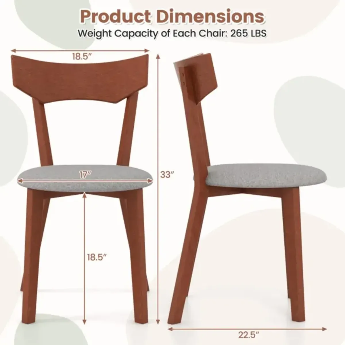 Hivvago Wooden Dining Chair Set of 2 with Rubber Wood Legs and Padded Seat Cushion