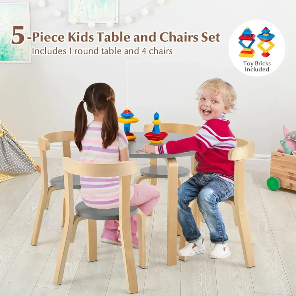 5-Piece Kids Wooden Curved Back Activity Table and Chair Set with Toy Bricks