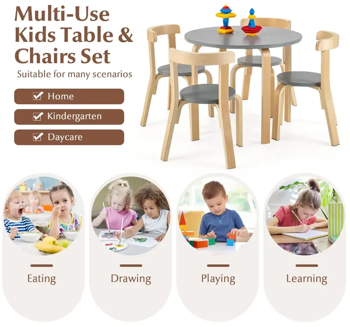 5-Piece Kids Wooden Curved Back Activity Table and Chair Set with Toy Bricks