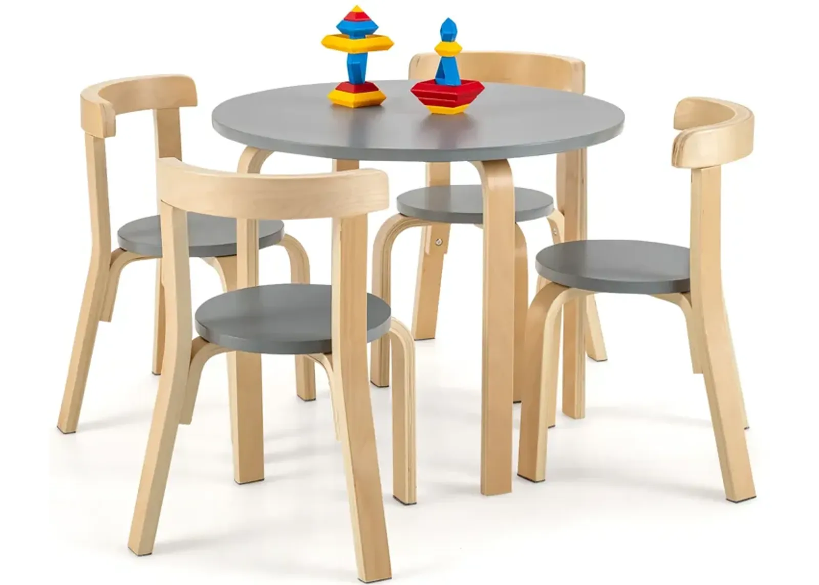 5-Piece Kids Wooden Curved Back Activity Table and Chair Set with Toy Bricks