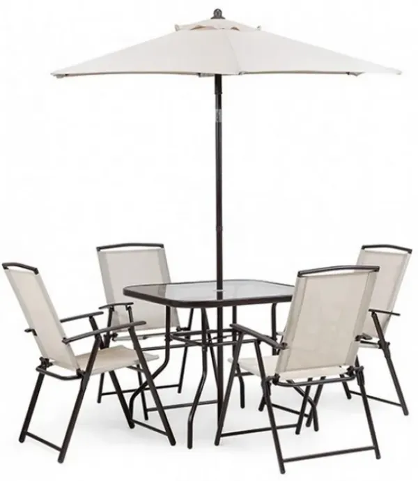 Ainy 6pc Patio Dining Table Set, 4 Folding Chairs and Umbrella, Beige - Benzara