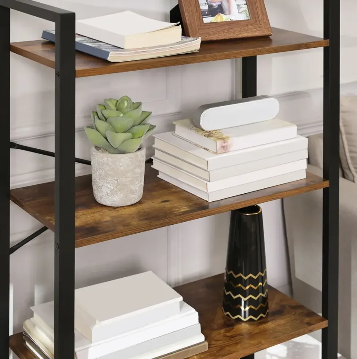 Living Room 4-Tier Ladder Bookshelf – Rustic Brown & Iron Frame