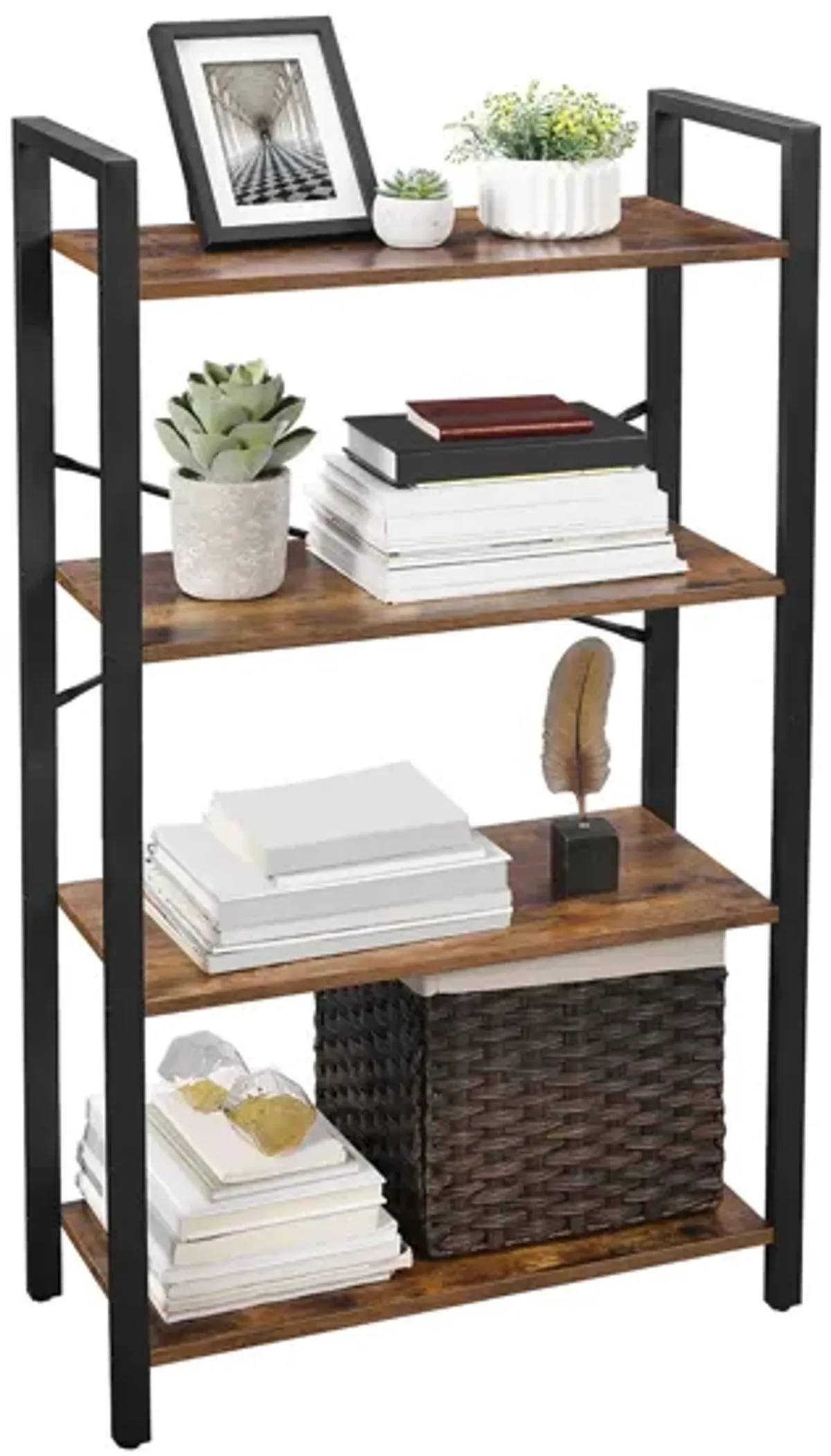 Living Room 4-Tier Ladder Bookshelf – Rustic Brown & Iron Frame