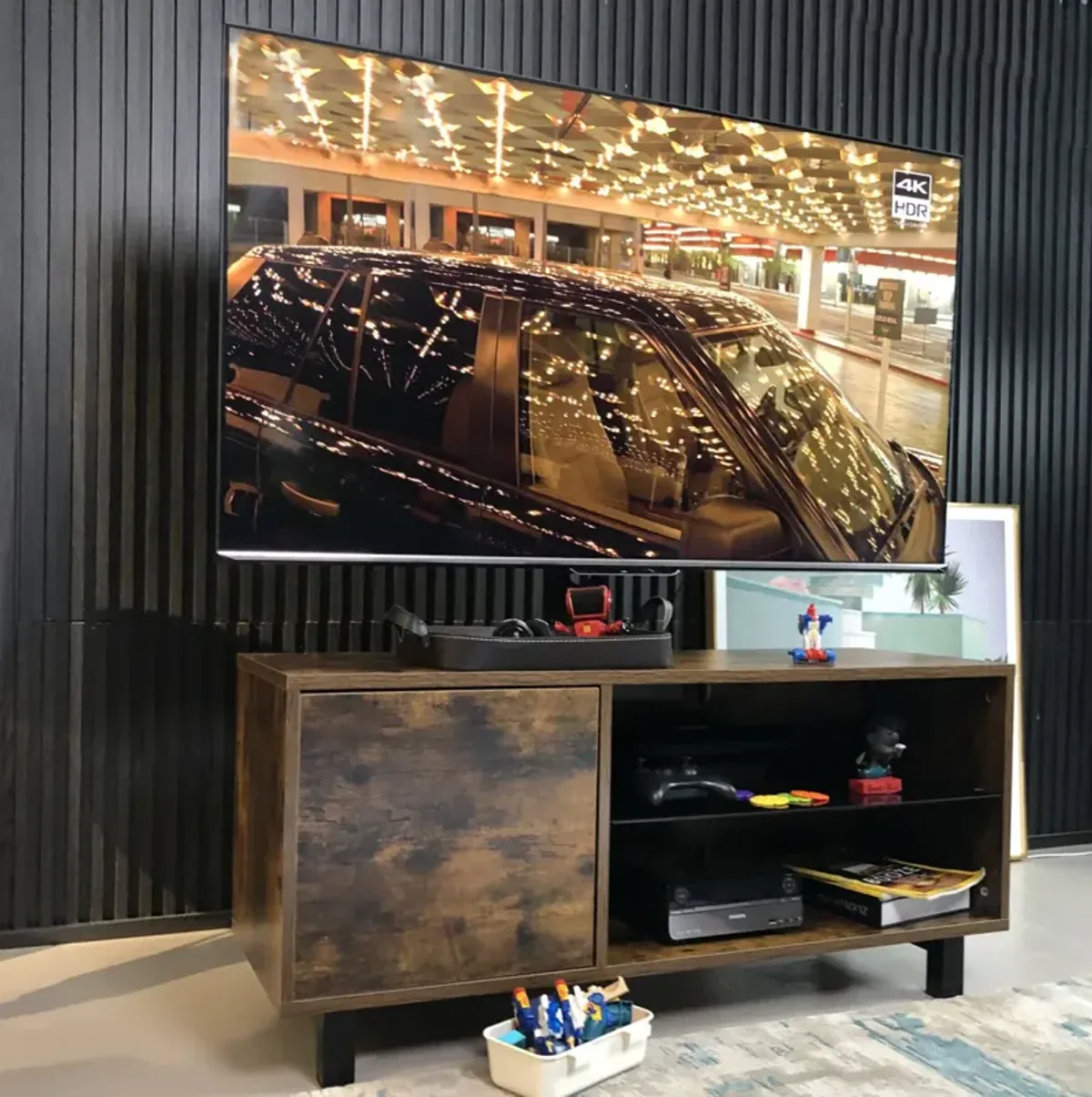 Rustic Brown TV Console With Push-To-Open Storage Cabinet For TV Up To 65In Wood & Glass