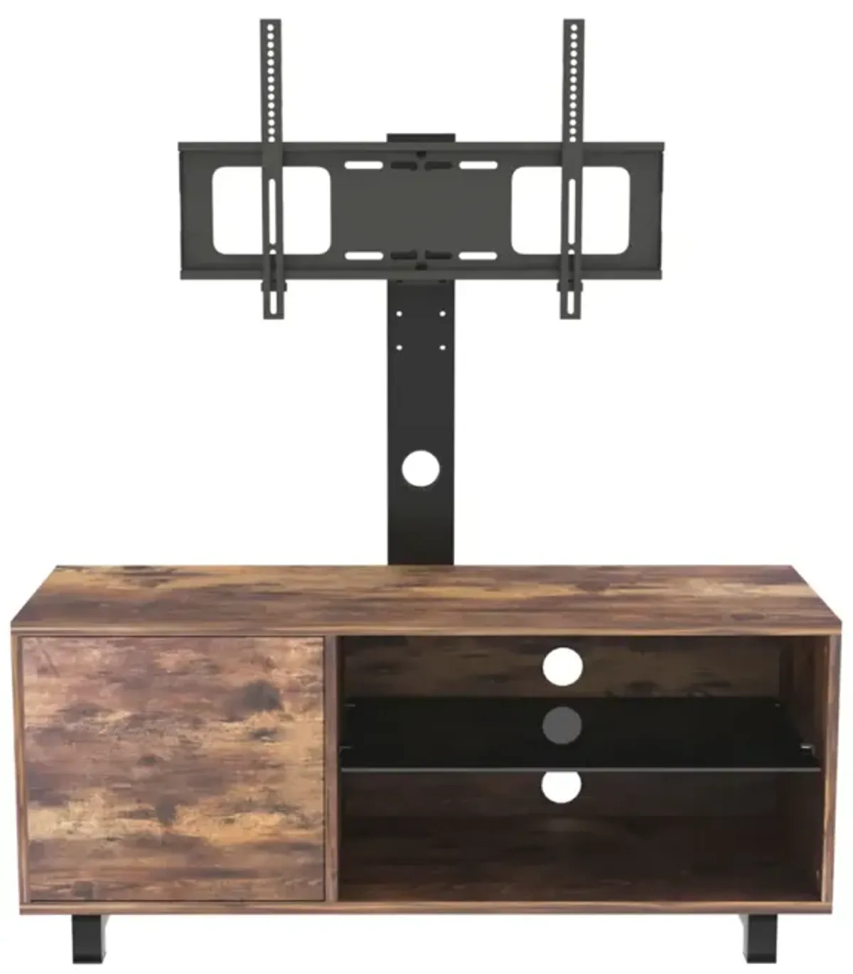 Rustic Brown TV Console With Push-To-Open Storage Cabinet For TV Up To 65In Wood & Glass