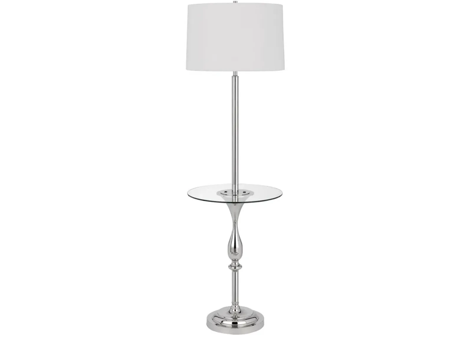 Ava 61 Inch Modern Floor Lamp, Glass Tray Table, 1 USB Port, Glossy, Chrome-Benzara