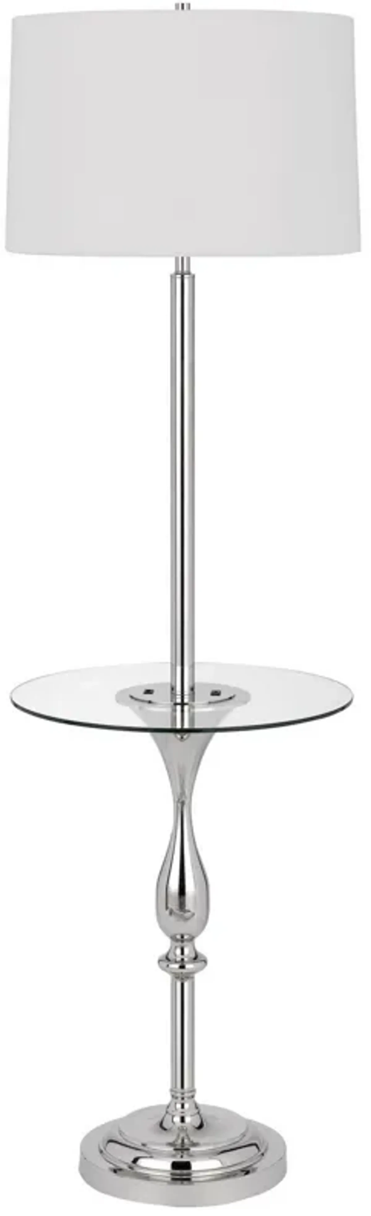 Ava 61 Inch Modern Floor Lamp, Glass Tray Table, 1 USB Port, Glossy, Chrome-Benzara