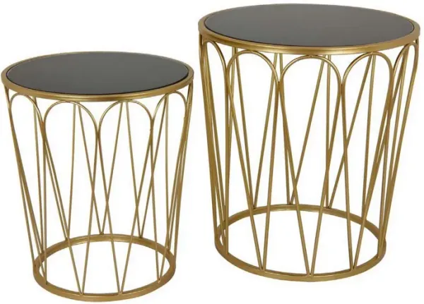 Kiko Accent Table Set of 2, Round Top, Unique Angled Shape, Gold Metal - Benzara