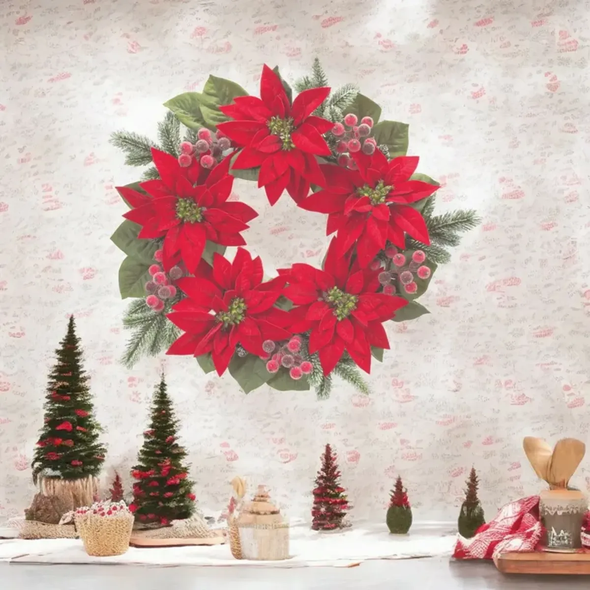 Poinsettia and Pine Wreath Festive Holiday Door or Wall Accent for Christmas Decor