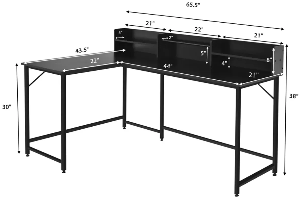 Costway 65.5'' L-shaped Computer Desk Home Office Corner Table w/Bookshelf Rustic