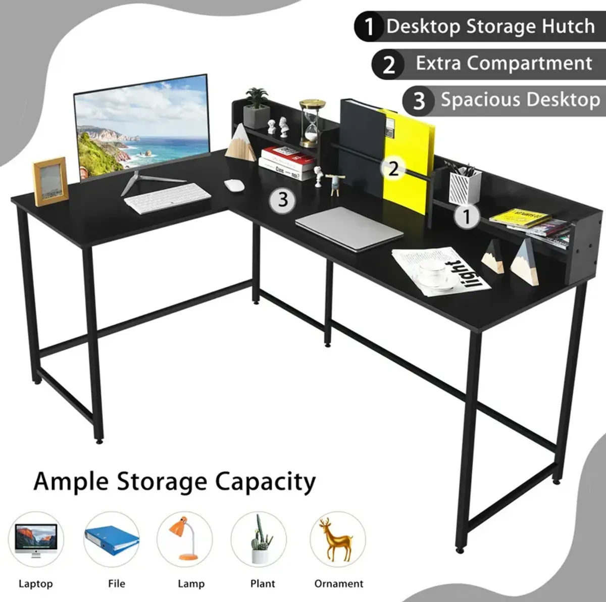 Costway 65.5'' L-shaped Computer Desk Home Office Corner Table w/Bookshelf Rustic