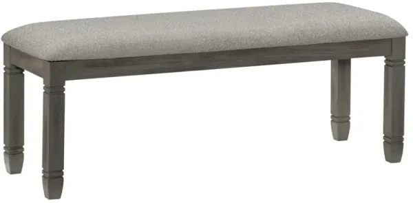 Rome 48 Inch Bench, Gray Textured Fabric, Padded Seat, Antique Gray Wood
