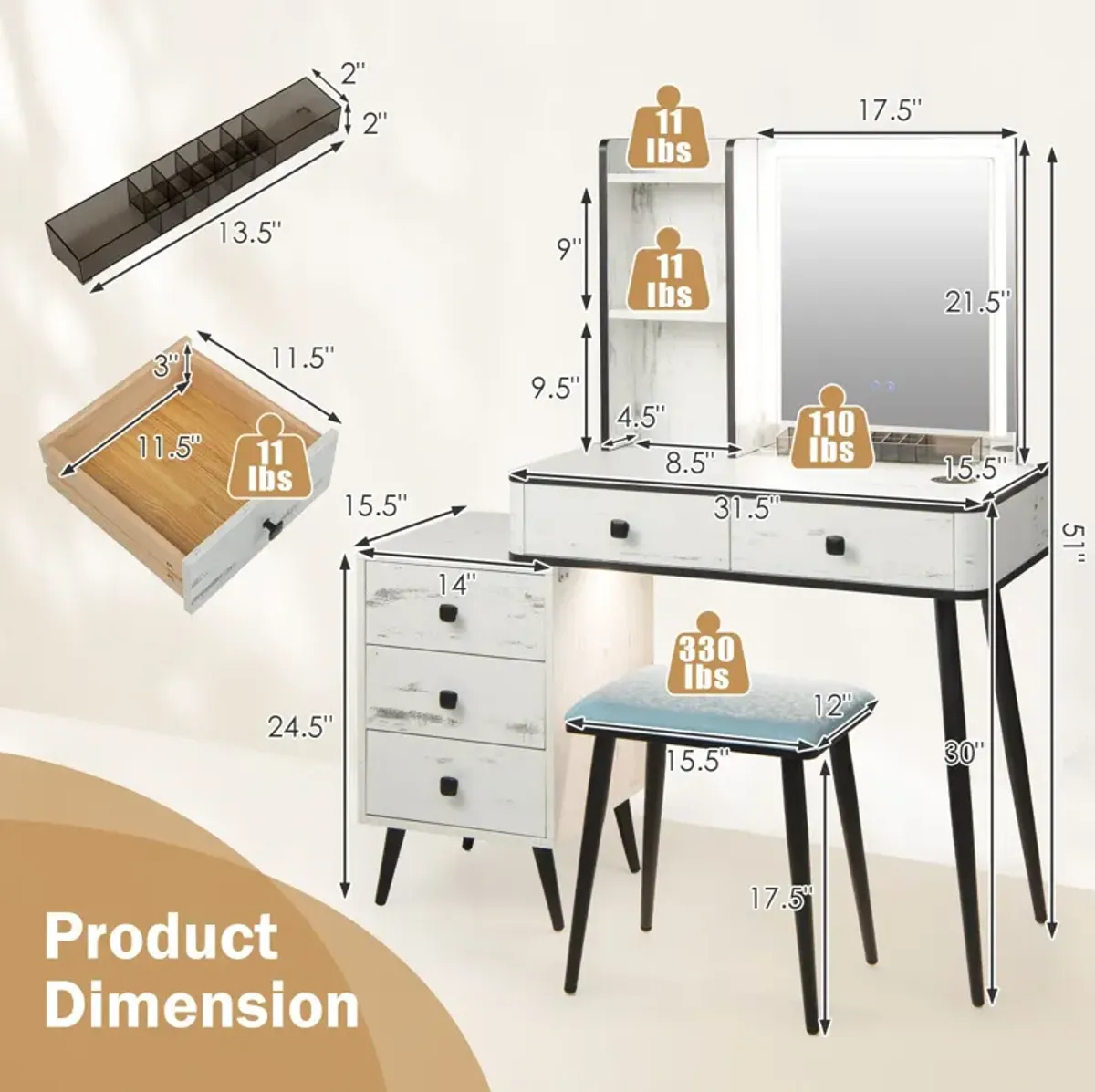 Vanity Makeup Table Set with Lighted Mirror