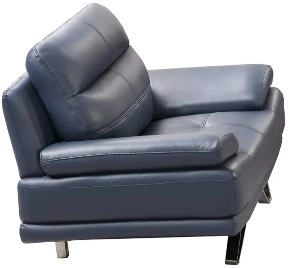 Reni 44 Inch Sofa Chair, Channel Tufted Navy Blue Soft Leather Upholstery - Benzara
