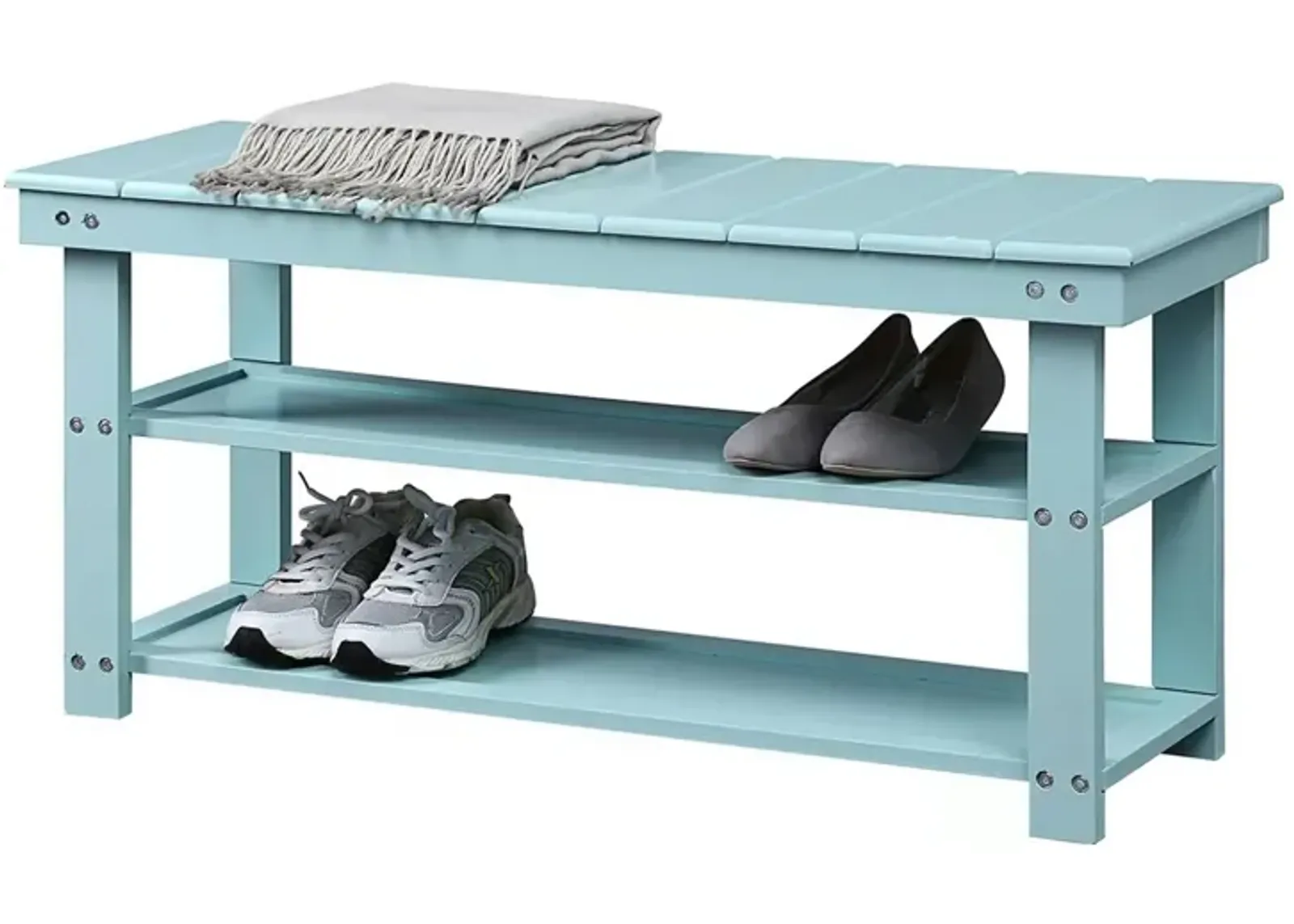 QuikFurn Sea Foam Aqua Blue Wood 2-Shelf Shoe Rack Storage Bench for Entryway or Closet