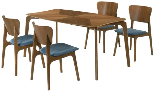 Kalie 5 Piece Dining Table Set with 4 Chairs, Blue Fabric, Walnut Brown - Benzara