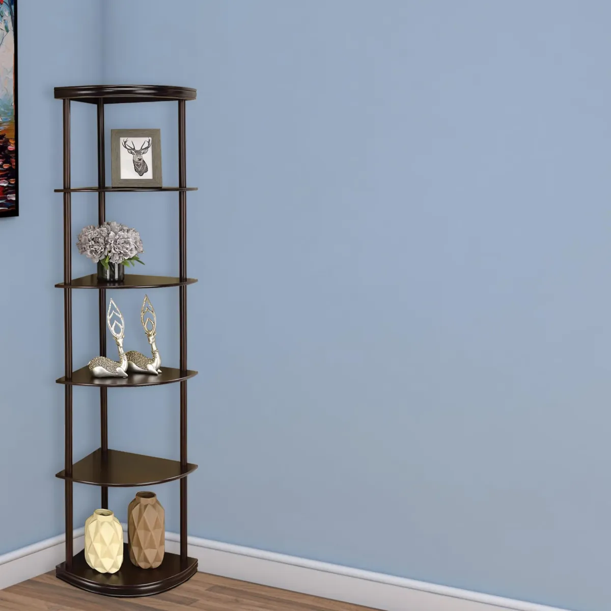 Illuminating corner bookcase with five pie shaped shelves, Brown