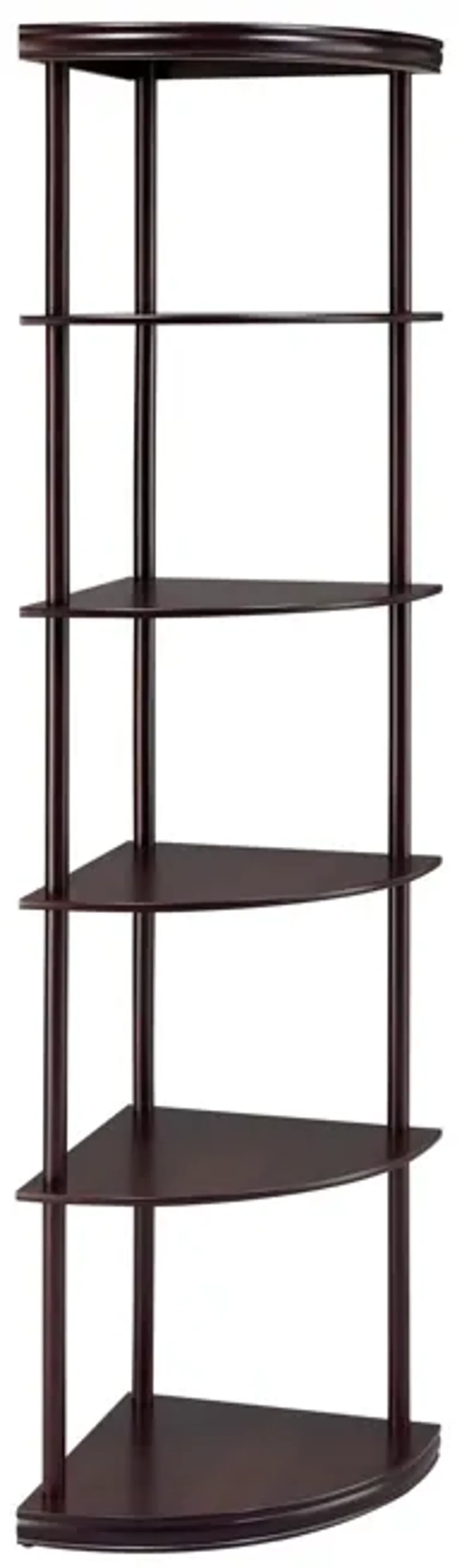 Illuminating corner bookcase with five pie shaped shelves, Brown