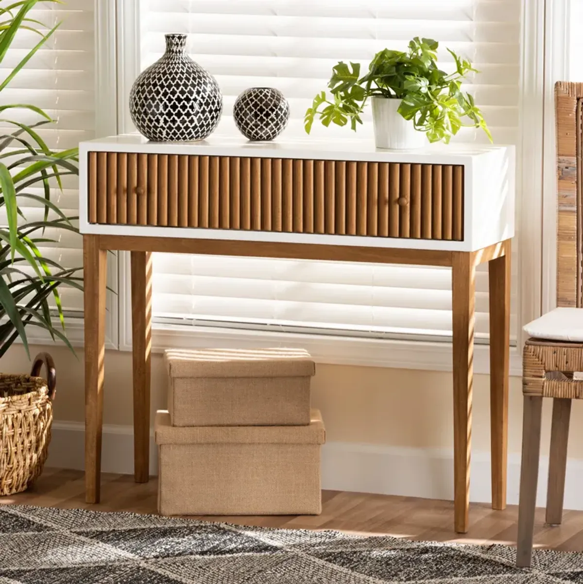 bali & pari Odile Mid-Century Modern Two-Tone Natural Brown and White Bayur Wood 1-Drawer Console Table