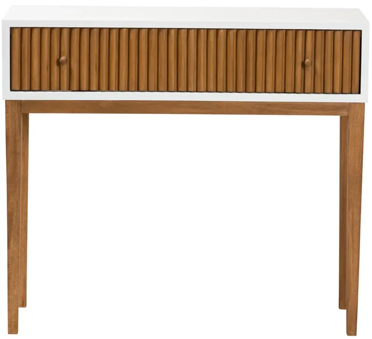 bali & pari Odile Mid-Century Modern Two-Tone Natural Brown and White Bayur Wood 1-Drawer Console Table