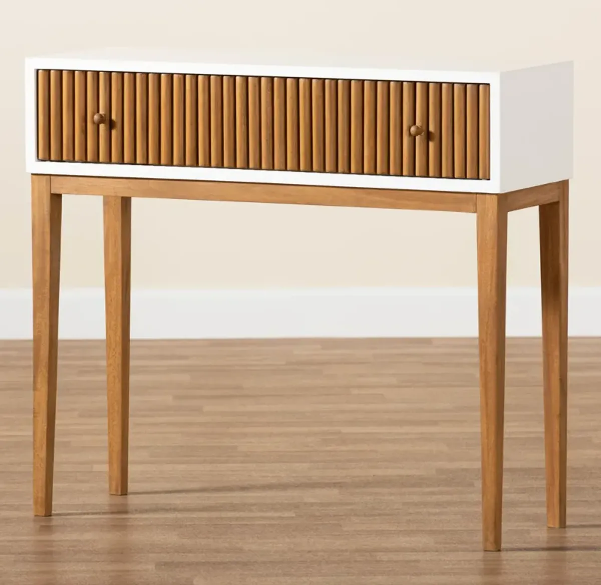 bali & pari Odile Mid-Century Modern Two-Tone Natural Brown and White Bayur Wood 1-Drawer Console Table