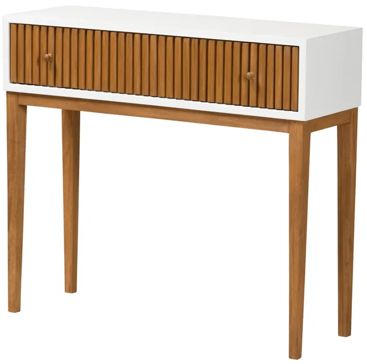 bali & pari Odile Mid-Century Modern Two-Tone Natural Brown and White Bayur Wood 1-Drawer Console Table