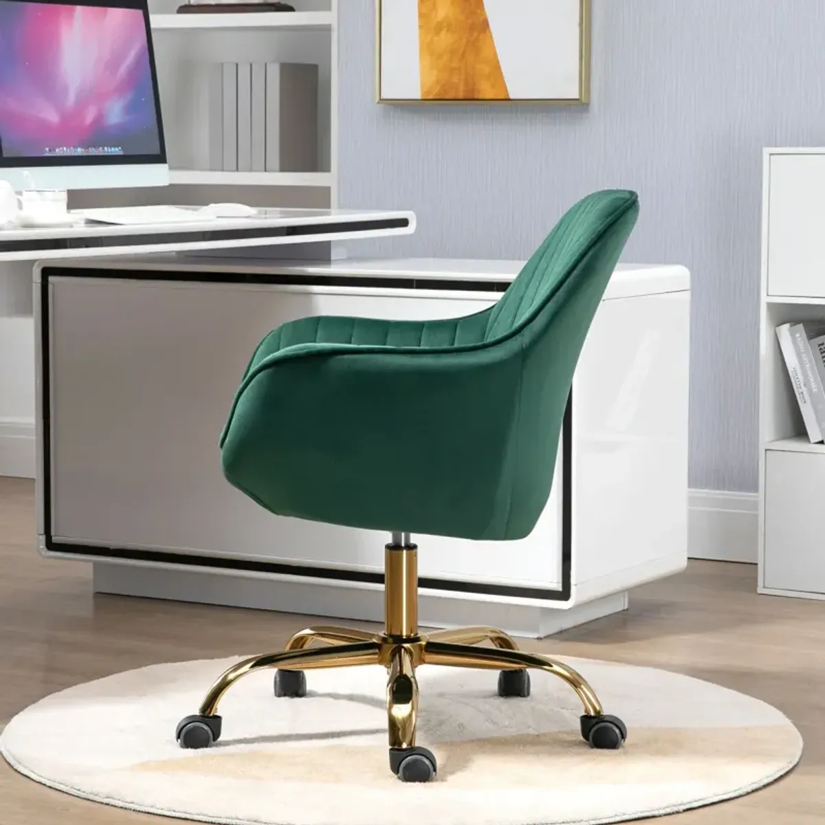 360 Green Velvet Swivel Chair With High Back, Adjustable Working Chair With Golden Color Base