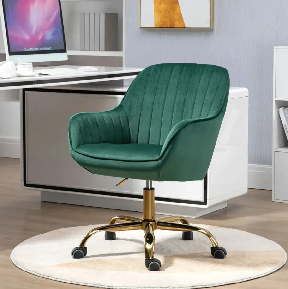 360 Green Velvet Swivel Chair With High Back, Adjustable Working Chair With Golden Color Base