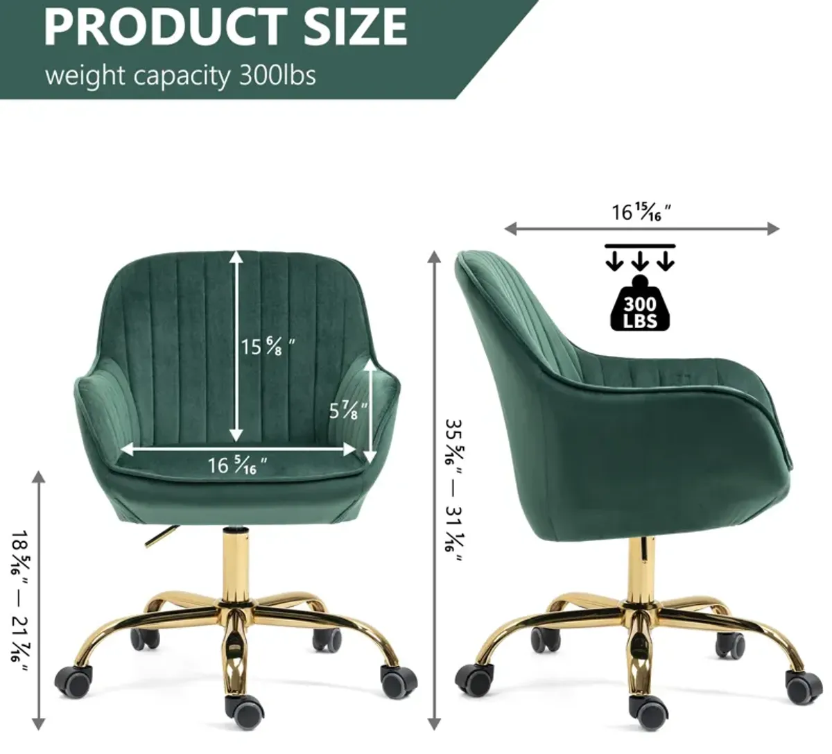 360 Green Velvet Swivel Chair With High Back, Adjustable Working Chair With Golden Color Base