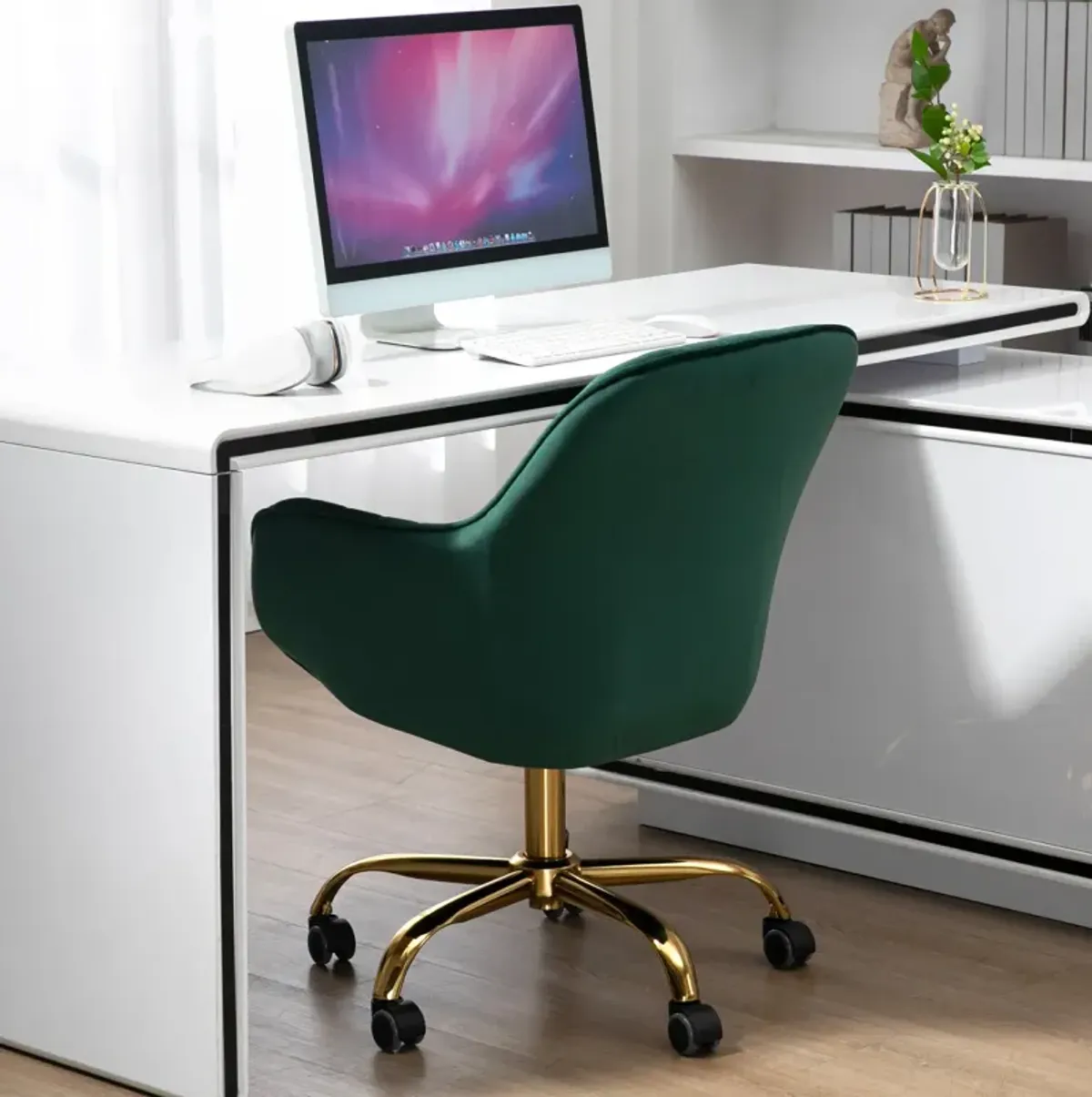 360 Green Velvet Swivel Chair With High Back, Adjustable Working Chair With Golden Color Base