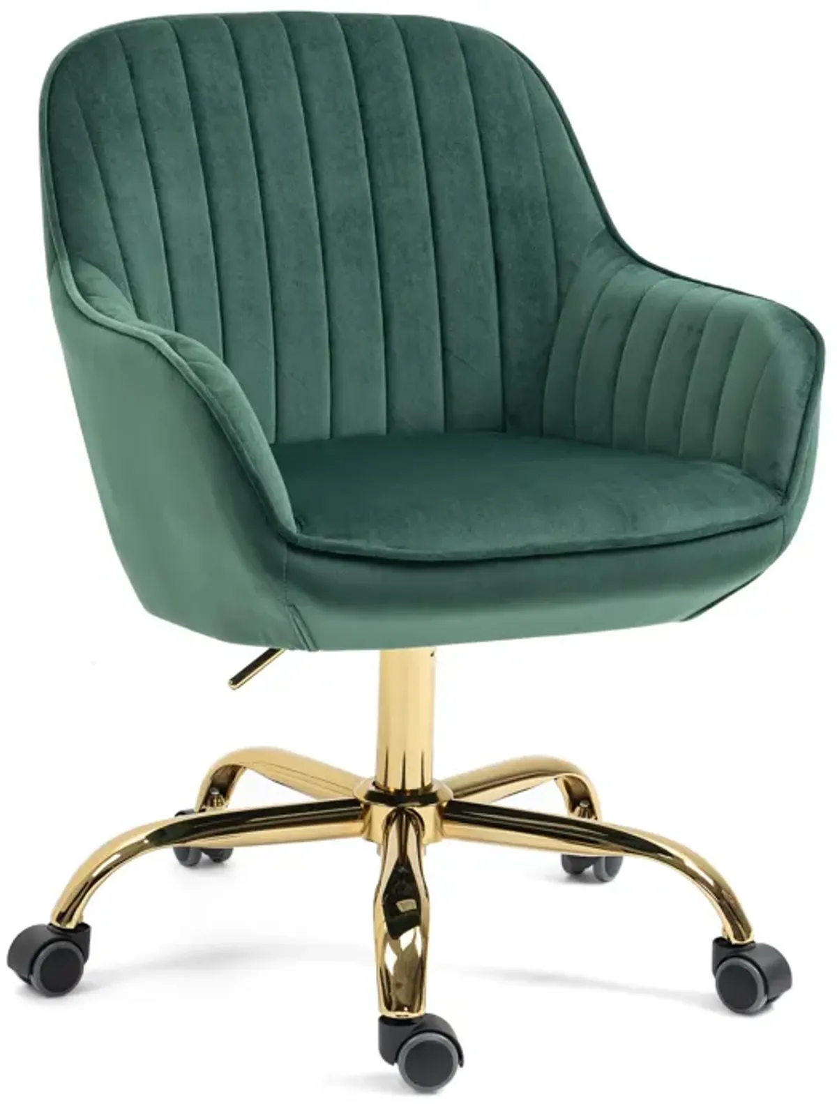 360 Green Velvet Swivel Chair With High Back, Adjustable Working Chair With Golden Color Base