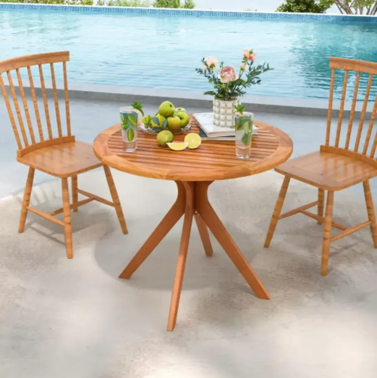 35.5 Inch Patio Wood Dining Table with Slatted Tabletop and Curved Legs