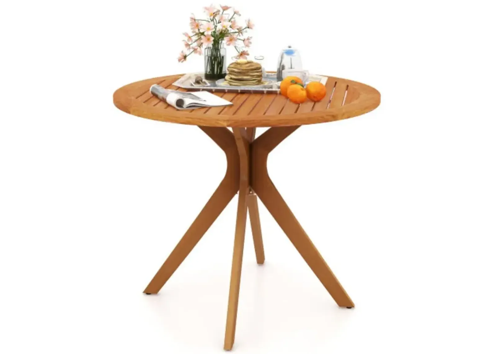 35.5 Inch Patio Wood Dining Table with Slatted Tabletop and Curved Legs