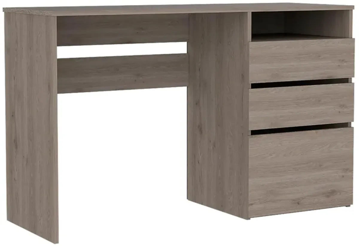 TUHOME Dublin Three Drawer Computer Desk, , One Shelf, Countertop Desk, Three Drawers, Light Grey, For Office