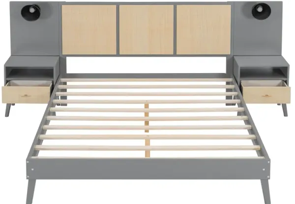 Whisen Queen Size Solid Wood Bed Frame with 2 Nightstands - Grey