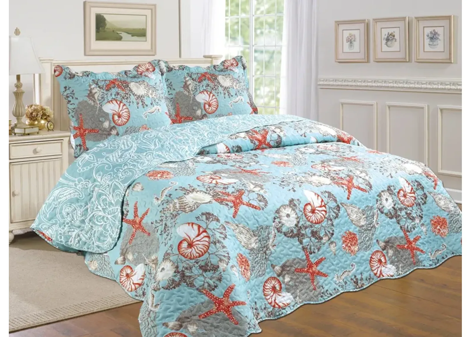 3-Piece Blue & Coral Cotton Blend Reversible Quilt Set