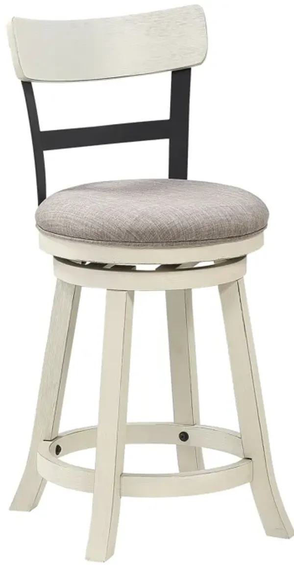 24 Inch Handcrafted 360 Degree Swivel Counter Stool, Curved Open Back, White Wood Frame, Cream Cushioned Seat-Benzara
