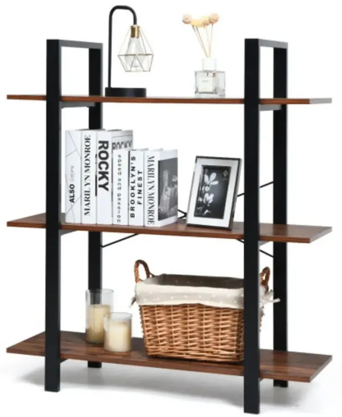 3-Tiers Bookshelf Industrial Bookcases Metal Frame Shelf Stand