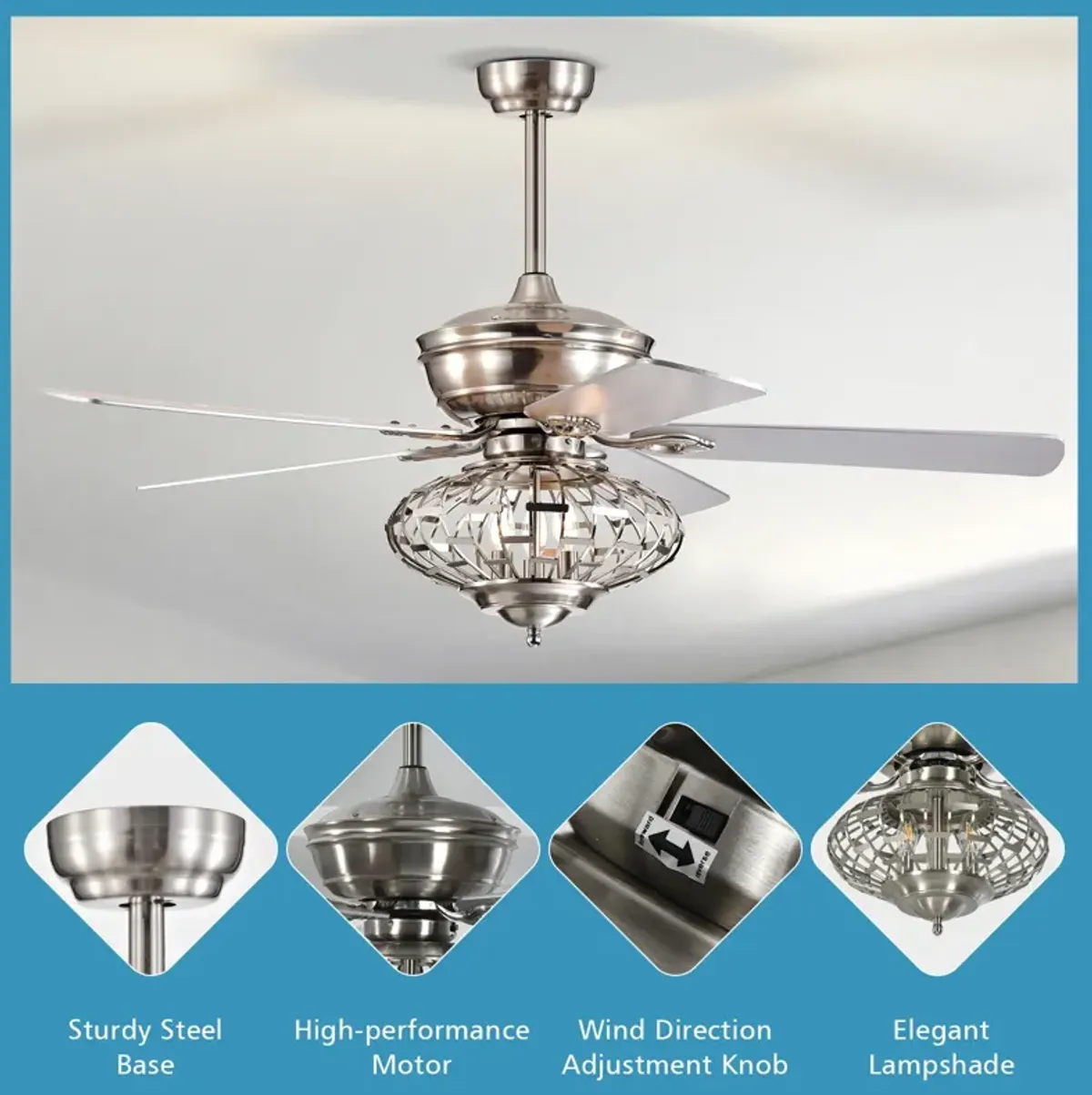 52 Inches Ceiling Fan with Wooden Blades and Remote Control-Silver