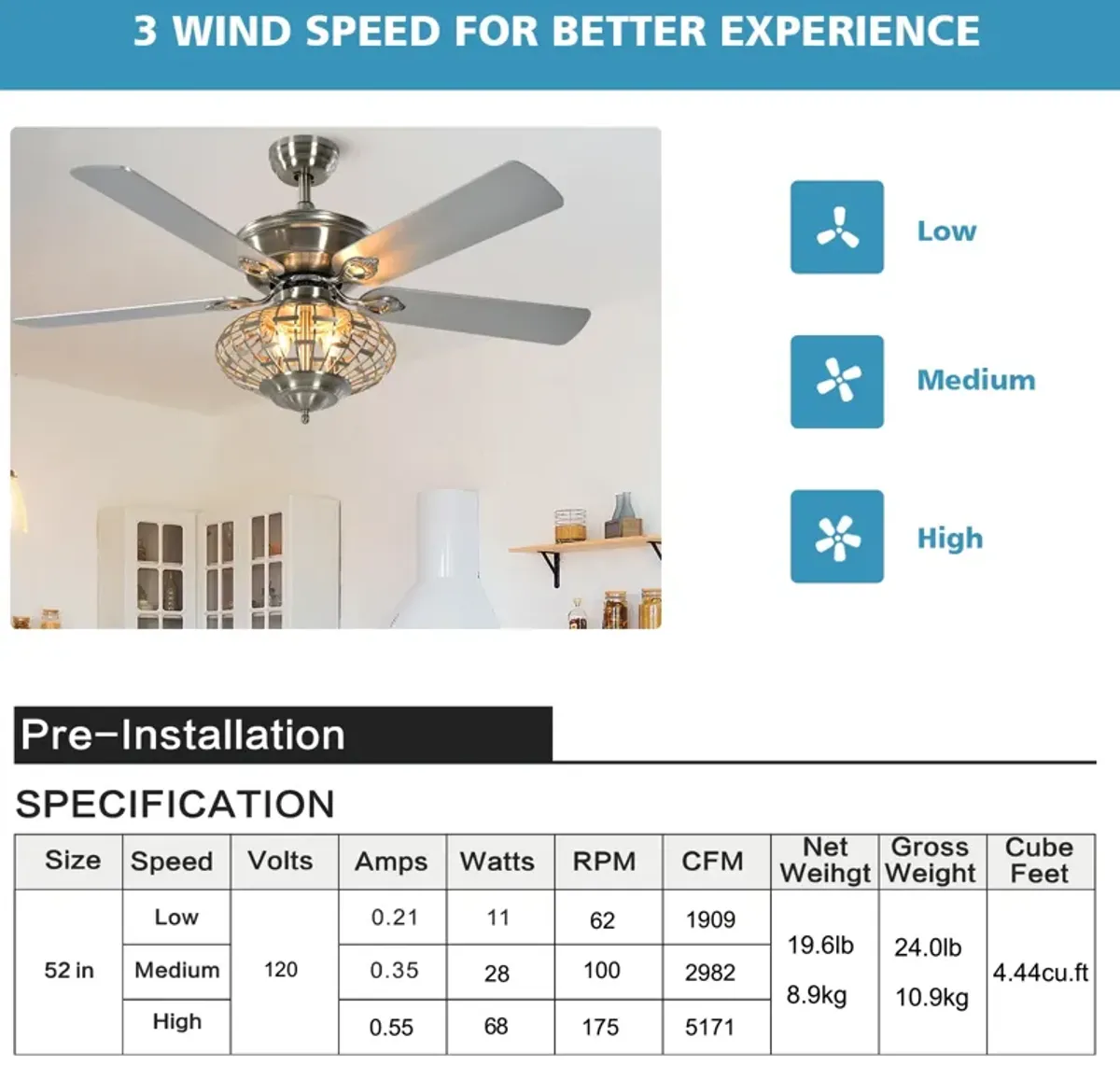 52 Inches Ceiling Fan with Wooden Blades and Remote Control-Silver